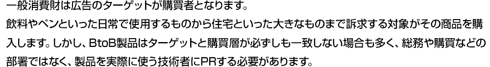 一般消費財は広告のターゲットが購買者となります。飲料やペンといった日常で使用するものから住宅といった大きなものまで訴求する対象がその商品を購入します。しかし、BtoB製品はターゲットと購買層が必ずしも一致しない場合も多く、総務や購買などの部署ではなく、製品を実勢に技術者にPRする必要があります。